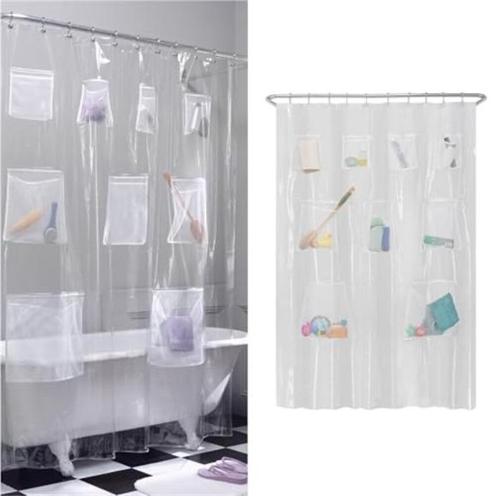 Waterproof Shower Curtain Liner with Storage Pockets Clear Bathroom Organizer 70